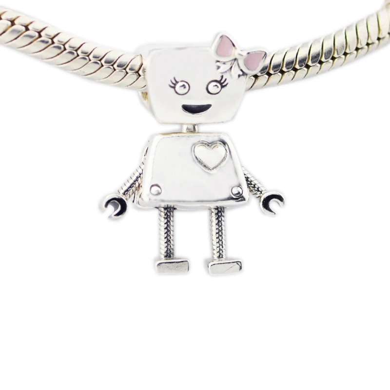 

FANDOLA 925 Sterling Silver Bella Robot Charm Pink Enamel Bead Fit DIY Original Bracelet For Jewelry Making 2018 Spring New Item
