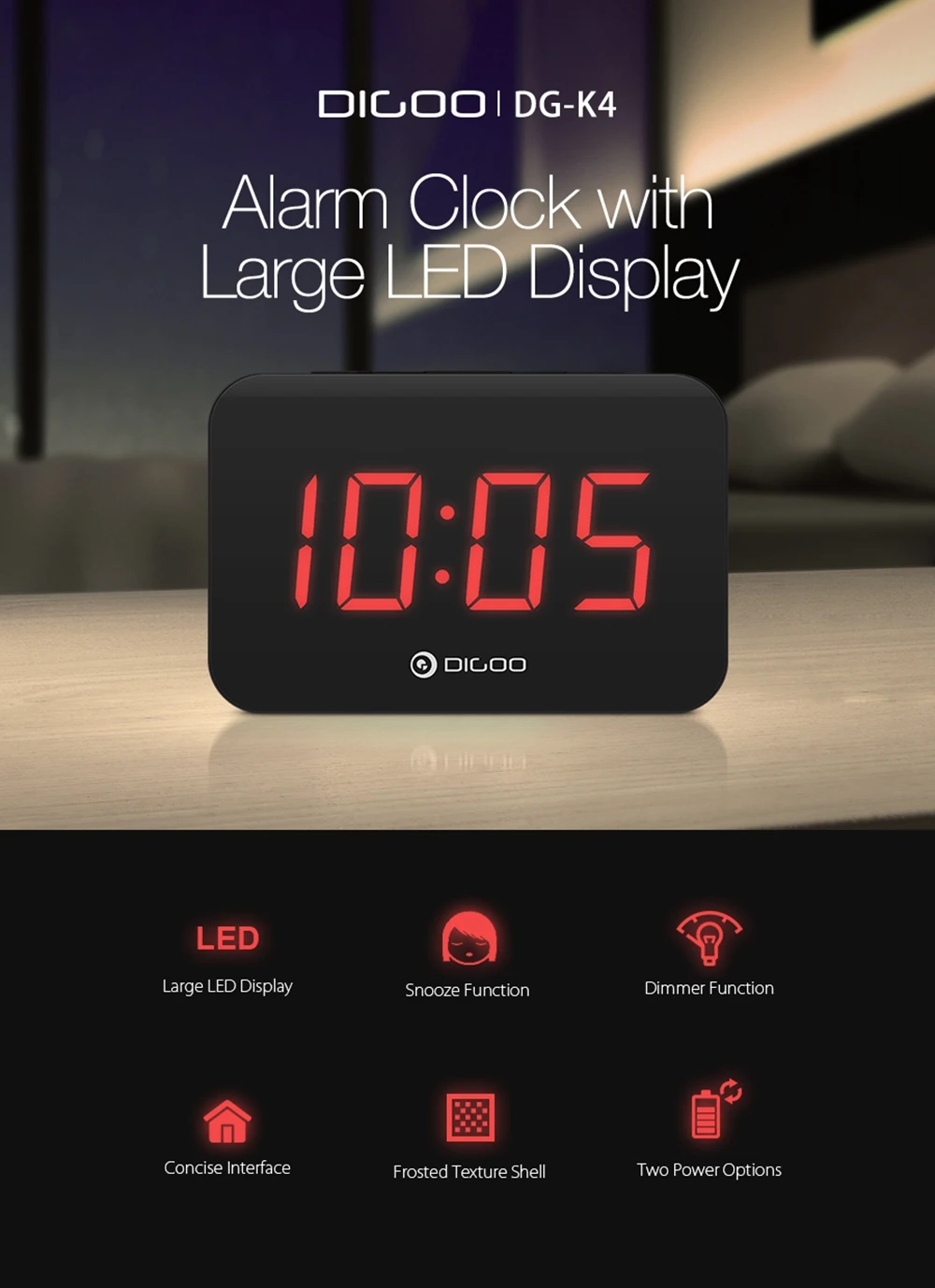 Digoo DG-K4 светодиодный Многофункциональный время отсрочки автоматически электронный цифровой будильник с подсветкой большой светодиодный