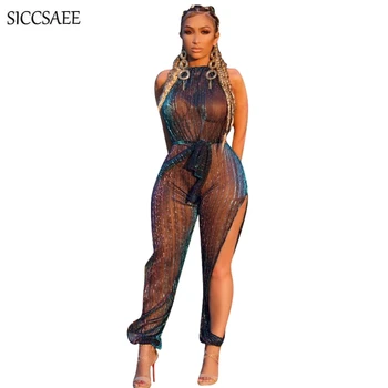 

Mesh See Through Multicolor Halter Jumpsuits And Rompers For Women Change Color Sexy Backless Palazzo Pants Cut Out Side Split