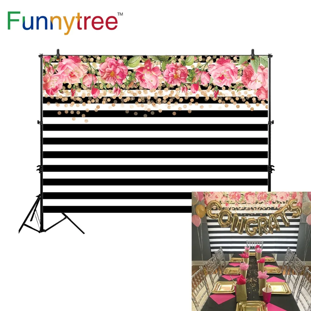 Фон для фотосъемки Funnytree в черно-белую полоску с цветами и золотыми пятнами фон