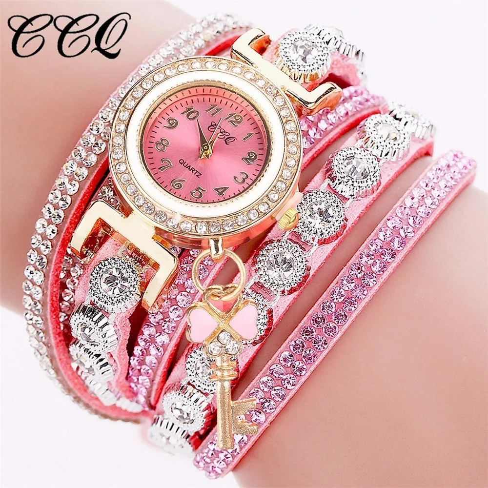 CCQ бренд Модные женские туфли Стразы Часы Повседневное роскошный кожаный браслет часы аналоговые кварцевые часы Relogio Feminino Лидер продаж - Цвет: pink