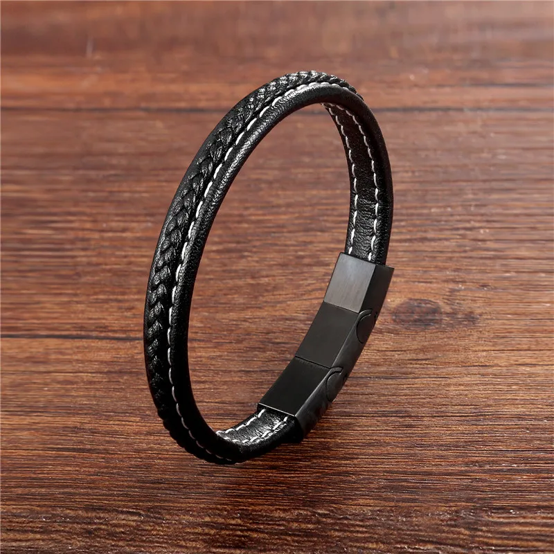 

Mens Bracelets 2018 Genuine Leather Stainless Steel Bracelet Men Magnet Clasps Black Fashion Male's Wrist Band Gifts Pulseras