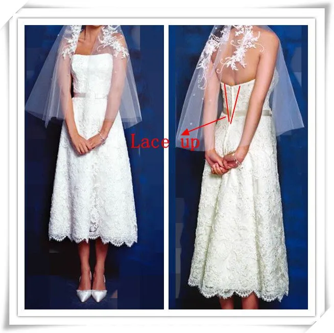 Hot Sale New Arrival Strapless Tea Length Women&quots Bridal Dress Sleeveless Vestido de noiva Lace Wedding Dresses OW 7801 | Свадьбы и