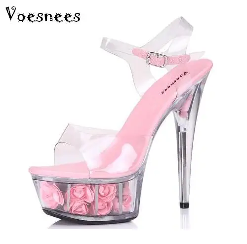 

Shoes Woman Sandals Summer Style 2018 Transparent Crystal Sandals Rose Flowers Sexy Waterproof Super High Heel 15cm Plus-size
