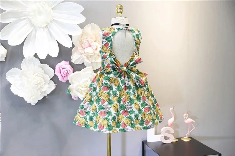 Princess dress Kids Baby Girls Summer Fashionable pineapple print Bows decorate backless pinafore dress children's clothing (4)