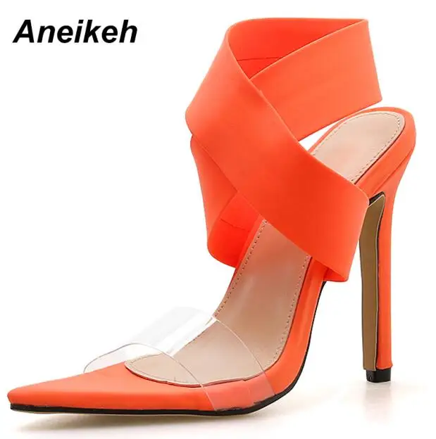 Aneikeh/Новинка года; босоножки из искусственной кожи; женские прозрачные туфли без застежки на тонком высоком каблуке; свадебные туфли с острым носком; цвет оранжевый; Размеры 35-42 - Цвет: Orange