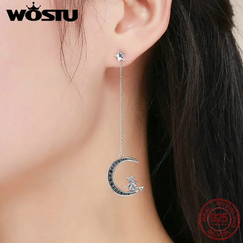 Женские серьги подвески WOSTU из стерлингового серебра 925 пробы с черной луной в