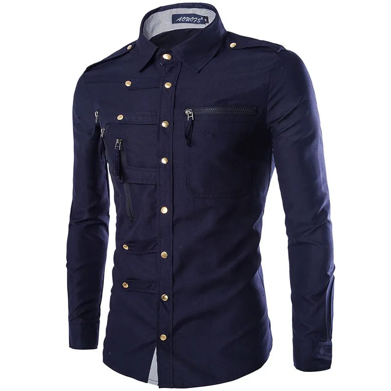 

New Arrival Spring/Autumn Men Long Sleeve Cargo Shirt Casual Slim Fit Fashion Epaulet Double Pocket Mens Dress Shirt M L XL XXL