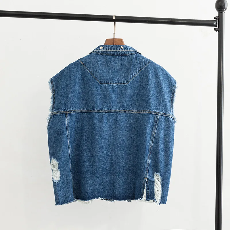 Sleeveless Jackets Embroidered Flares Women Coats Plus Size High Street Hole Denim Jacket Blue Outerwear KKFY3162