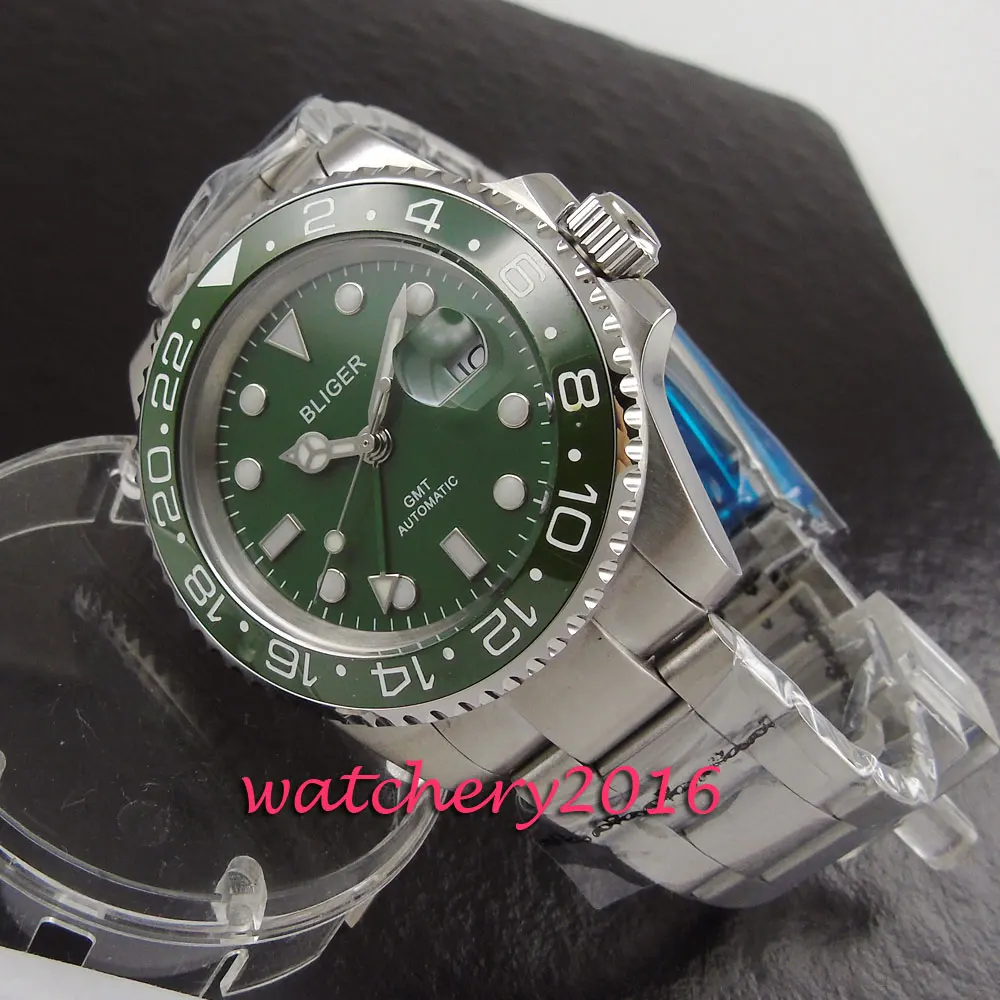 

40mm Bliger green dial ceramic bezel date window sapphire glass Deployment clasp GMT automatic self-wind Movement Men's watch