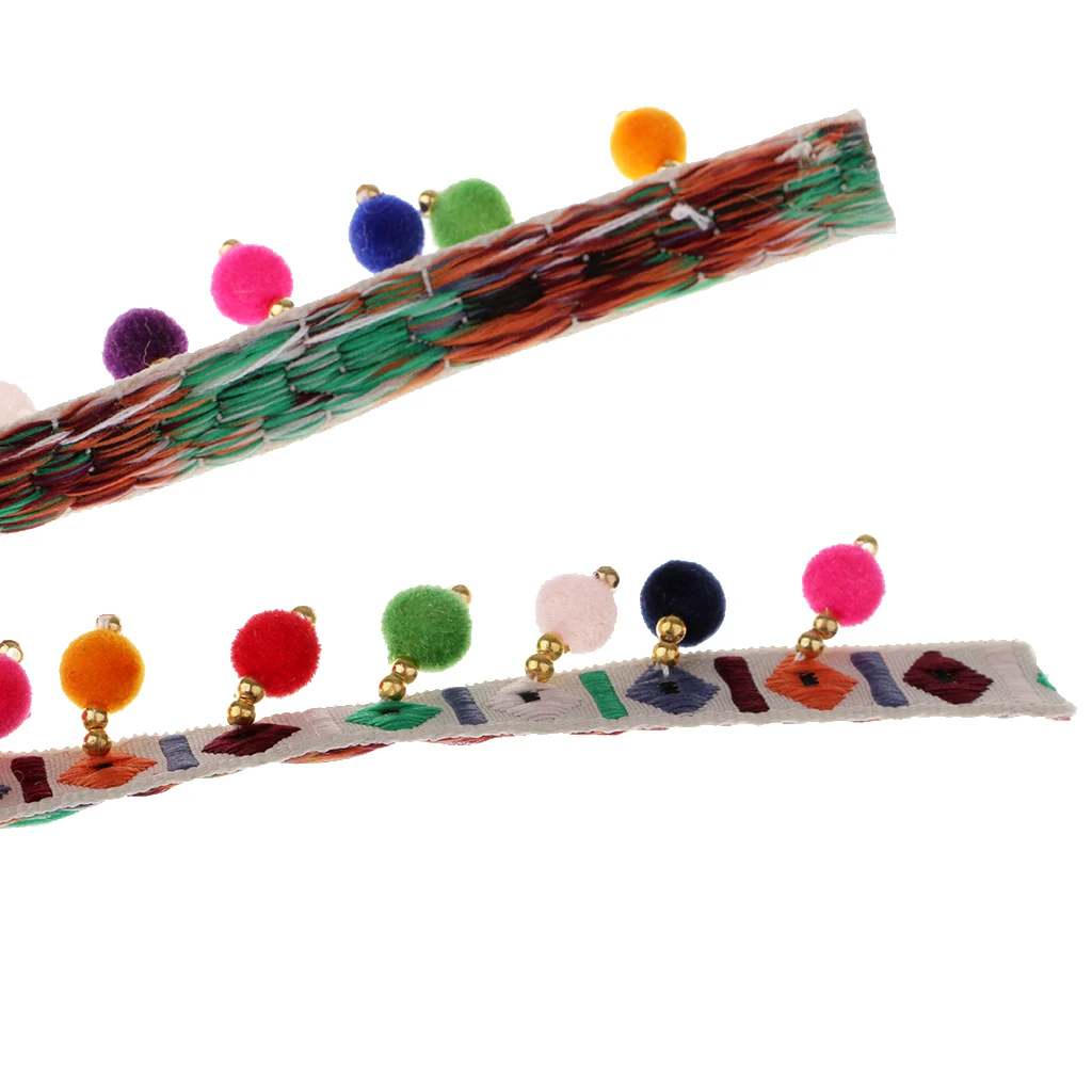2Pcs Boho Colorful Pom Pom Ball Fringe Trim Ribbon for Designing Decorating Embroidery Clothing, 1 Yard
