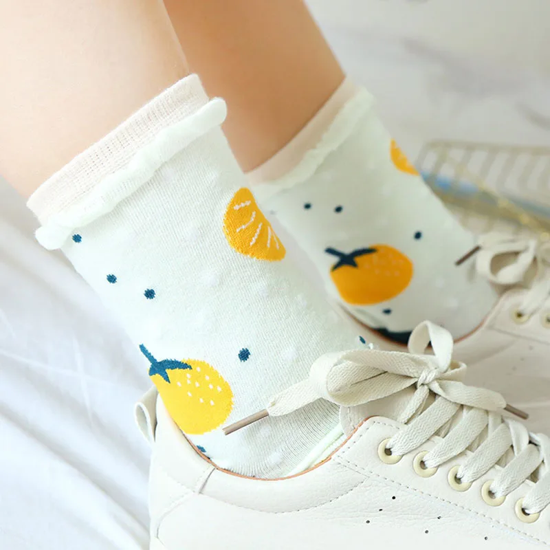 Urgot/5 пар, женские носки в японском Корейском стиле, милые Носки с рисунком фруктов, клубники, оранжевые женские хлопковые милые носки Meias