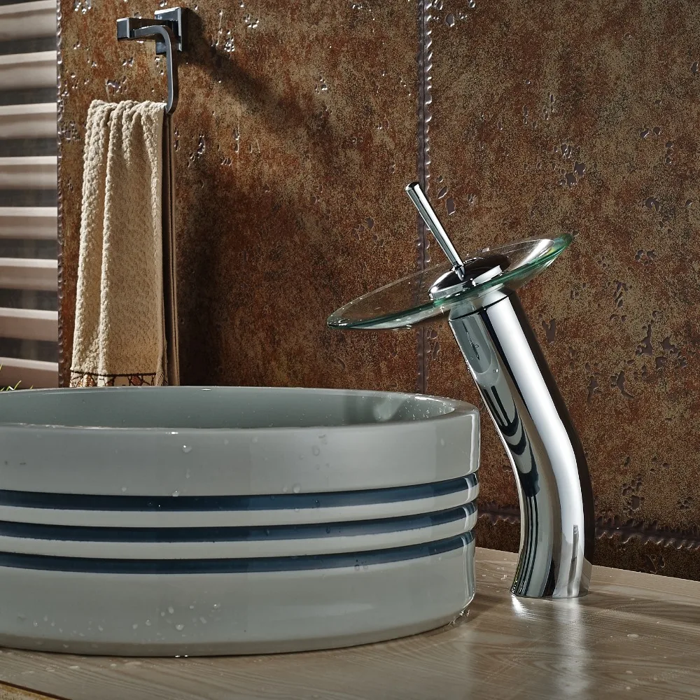 New Basin Sink Faucet Waterfall Bathroom Copper Glass Faucet Hot&Cold