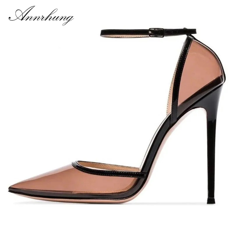 

New Stylish 2019 Coffee Translucent PVC Sandals Women Sexy Pointed Toe Thin Heels Narrow Ankle Strap Stilettos Party Shoes Women