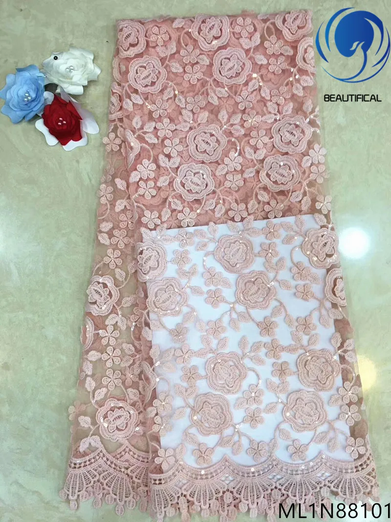 

Beautifical nigerian lace fabrics Latest elegant embroidery net lace fabric 5yards/lot french lace sequins for wedding ML1N881