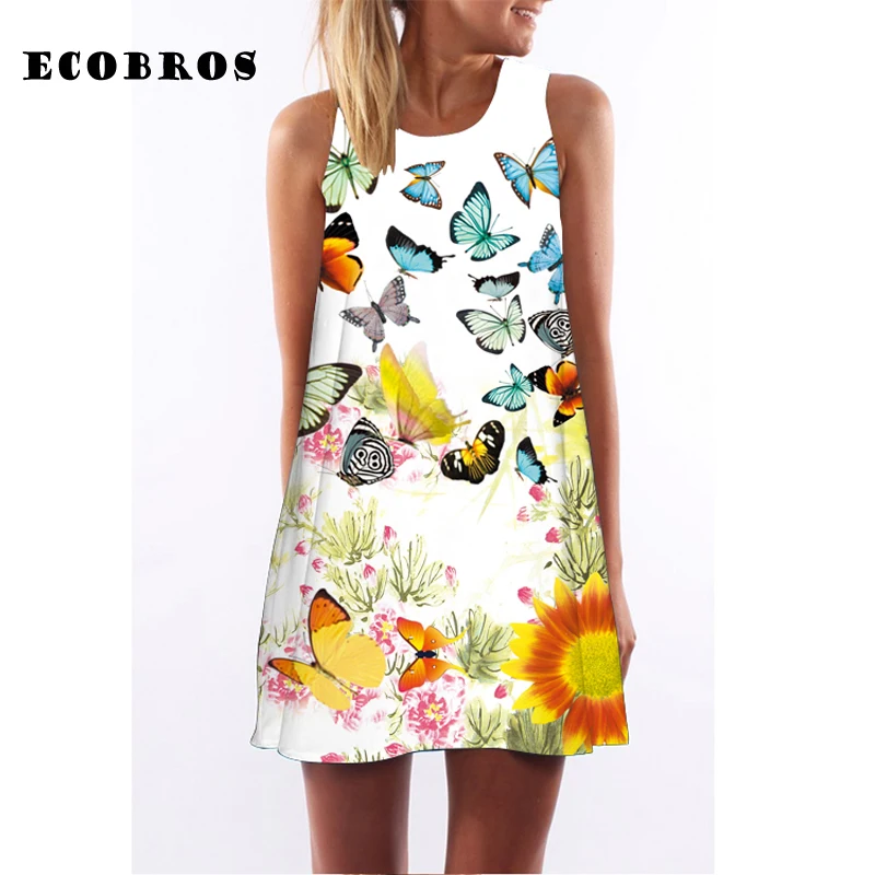 

ECOBROS 2019 New Woman Summer Dress casual sleeveless Loose butterfly print above knee dresses plus size woman clothing dress