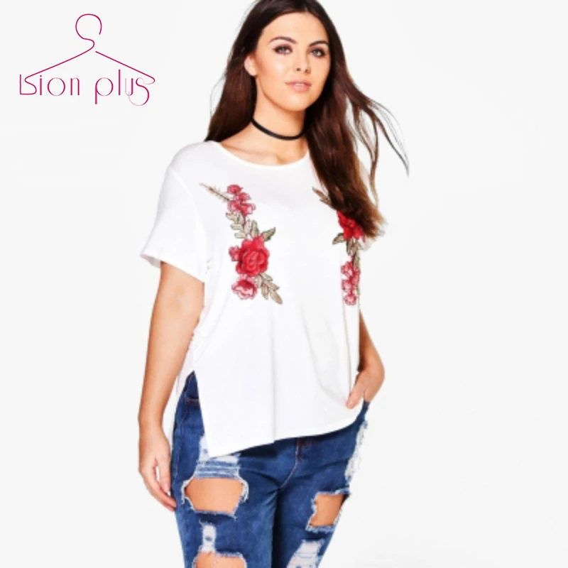

Plant Floral Embroidery T-Shirt Women 3XL-7XL Large Sizes 2017 Summer White O-Neck Casual Both Side Split T Shirt Plus Big Size