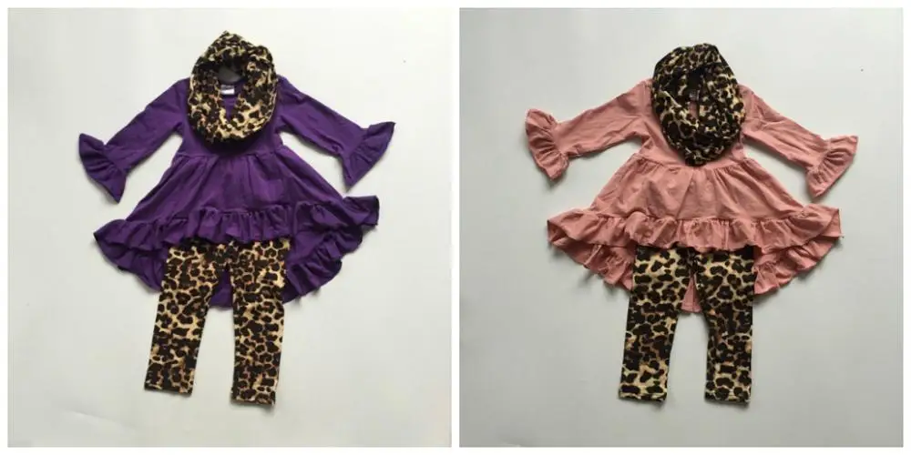 

Fall/winter baby girls 3pieces scarf children clothes coral purple leopard dress top cotton long sleeve outfits ruffles boutique