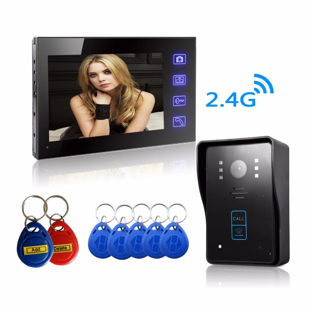 

Hot Sale  Wireless 2.4G 7" Video Door Phone Intercom System 1 RFID Keypad Code Number Doorbell One Camera One Monitor