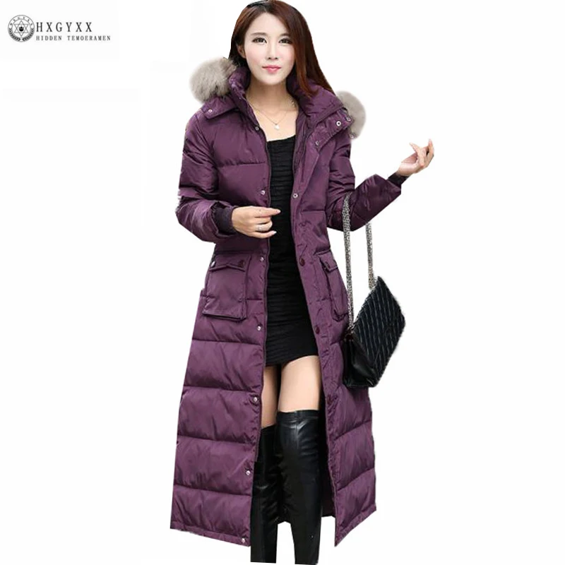 

2019 Winter Woman Fur Collar Hooded Duck Down Coat Plus Size Warm Long Feather Jacket Solid Color Slim Female Down Parka Oka735
