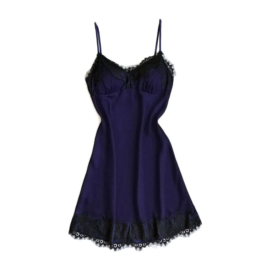 Женское сексуальное шелковое атласное Ночное платье без рукавов, ночная рубашка размера плюс, кружевная ночная рубашка - Цвет: Синий