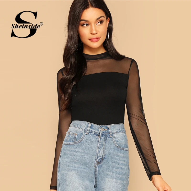 

Sheinside Black Contrast Mesh Shoulder Top Women 2019 Spring Elegant Mock Neck Trim Tee Ladies Solid Basic Stretchy Tees