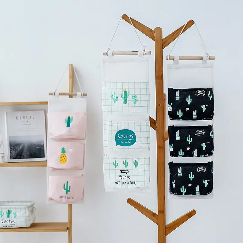 

Multifunction 3 pocket cactus Wall Hanging Storage bag Makeup Cosmetic Storage Box Foldable Organizer storage basket Home Decor