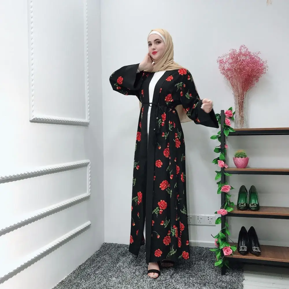 

Fashion Women Muslim Abaya Dress Flare Sleeve Cardigan Printed Floral Islamic Dress caftan marocain Qatar uae baju muslim wanita