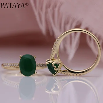 

PATAYA New Green Natural Zircon Rings 585 Rose Gold Oval Cute Women Rings Romantic Engagement Wedding Party Fine Fashion Jewelry