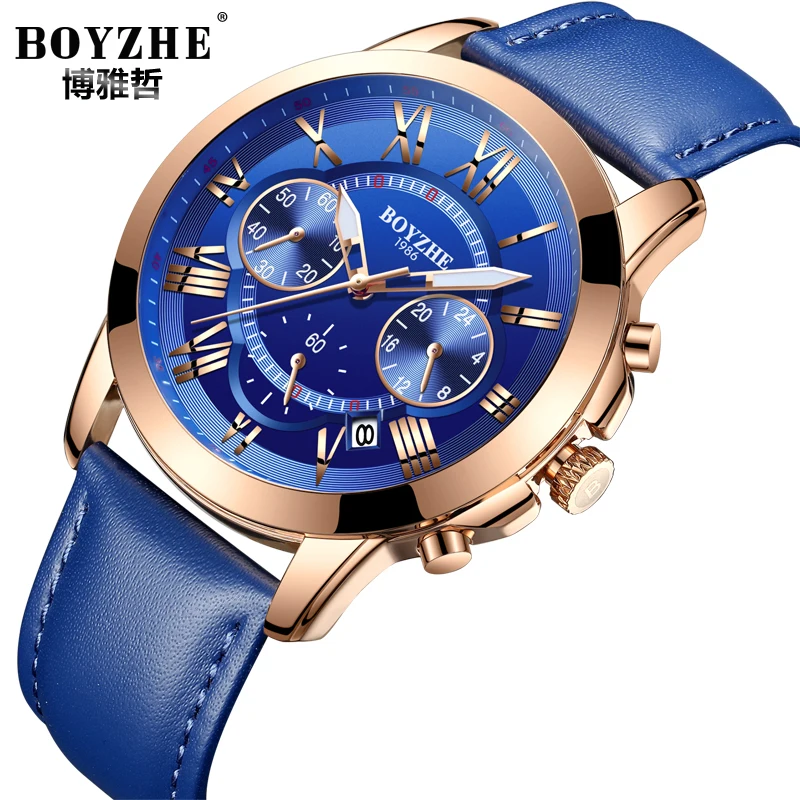

Mens Fashion Rose Gold Watch Men Quartz Clock Mens Watches Chronograph Movement Genuine Leather Strap Luxury Watch Role
