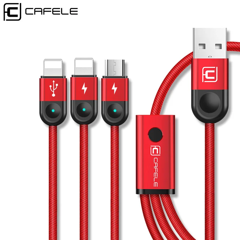 USB кабель Cafele с несколькими светодиодами для iPhone Micro C 3 в 1 Плетеный зарядный X/8 plus/7