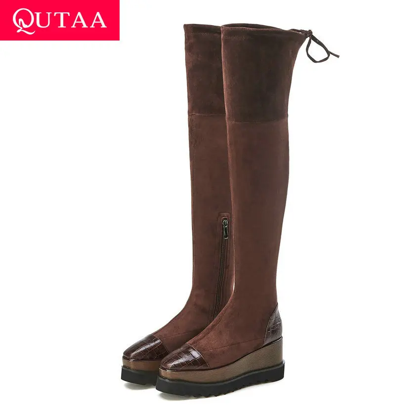 

QUTAA 2020 New Winter Cow Leather Flock Zipper Lace Up Wedges Women Boots Casual Retro Square Toe Over The Knee Boots Size34-39