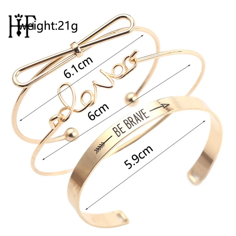 

3Pcs/set Simple Gold Color Women Bracelets Set Bow knot BE BRAVE Lettering Open Cuff Bangles Female Jewelry Bangles for Women