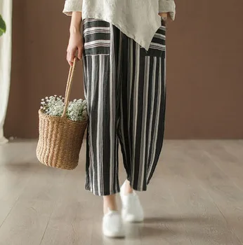

2019 Summer Women Striped Pants Loose Casual Ramie Wide Leg Pants Elastic Waist Nine Length Female Pants