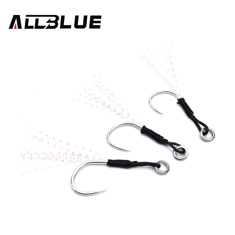 

ALLBLUE 6pcs/lot Metal Jig Assist Hook With PE Line Feather Solid Ring Jigging Spoon Saltwater Fishhook for 10-60g Lure