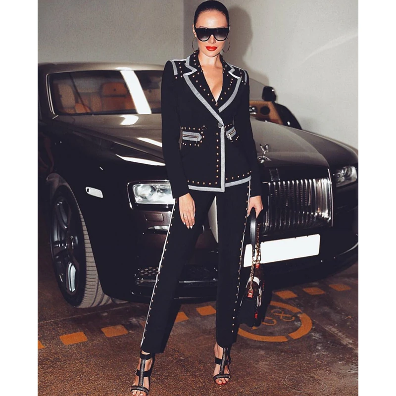 Boussac 2019 Casual blazer suits High quality OL Women Jacket Blazers Pants Suit Metal Revits Punk Style two pieces Black Suits Boussac 2019 Casual blazer suits High quality OL Women Jacket Blazers Pants Suit Metal Revits Punk Style two pieces Black Suits