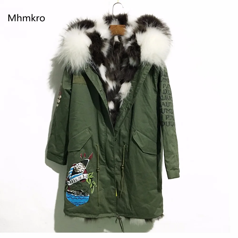 

2018 Khaki Long White&Grey Fox Fur Fully Lined Printed Miltary Cotton Shell Huge Raccoon Fur Collar Jacket