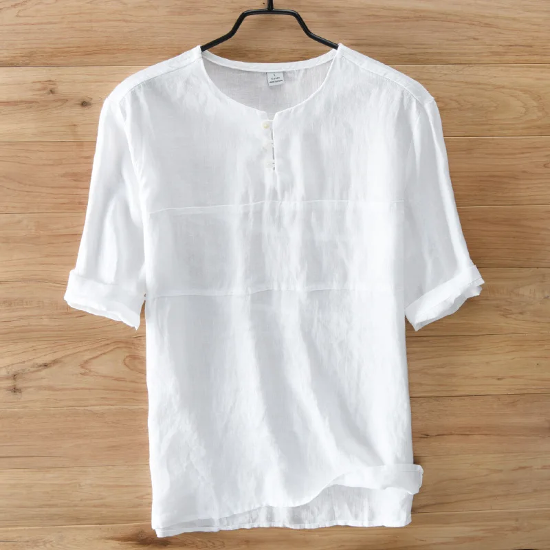 Повседневные рубашки с воротником «Мандарин», мужские хлопковые льняные дизайнерские брендовые облегающие мужские рубашки, белые рубашки с коротким рукавом, мужская летняя одежда - Цвет: Белый