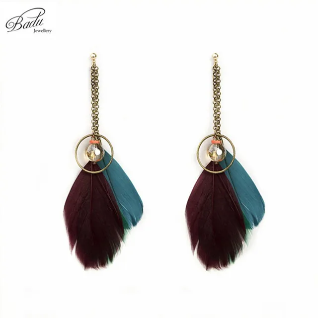 Badu Vintage Brown Long Real Feather Earrings For Women Indian Badu Vintage Brown Long Real Feather Earrings For Women Indian Bohemian Earring Handmade Jewelry