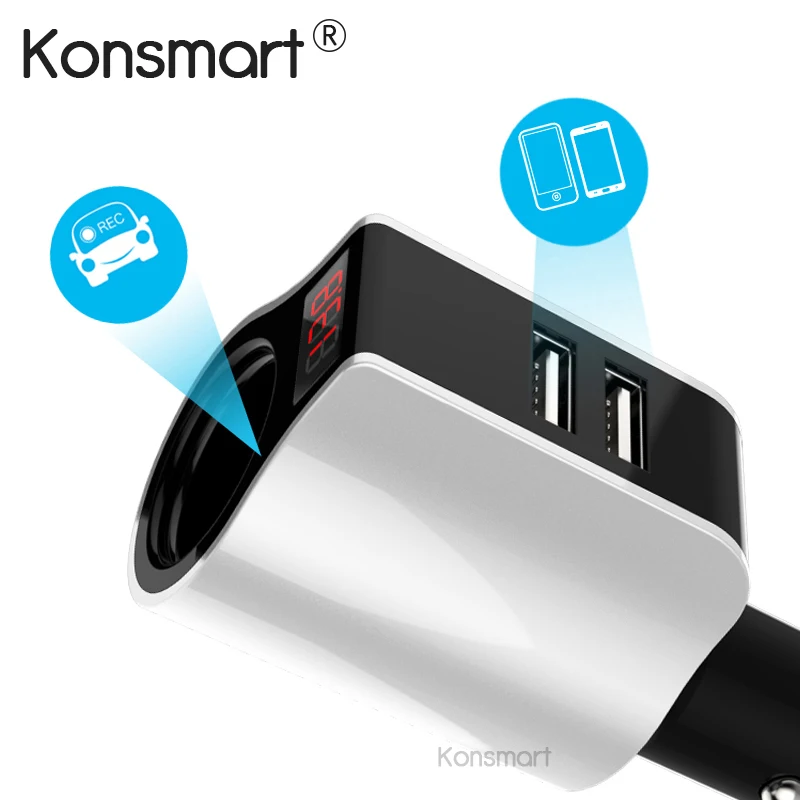 KONSMART светодиодный дисплей, автомобильное зарядное устройство с двумя USB разъемами для iPhone 5, 6, 7 Plus, iPad, samsung, huawei, Xiaomi, автомобильные gps DVR