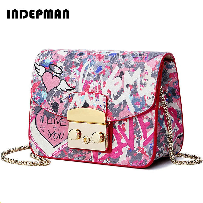 

Floral Print Design Famous Brand Small Pink Chain Flap Women Spoof Graffiti bags Pu Leather Messnger Shoulder Clutch for Girls