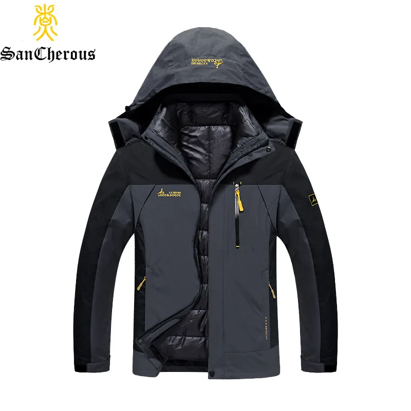 Размера плюс 9 цветов водонепроницаемая зимняя куртка мужская теплая 2 в 1 Ветровка отстегивающийся капюшон зимнее пальто размер L-6XL - Цвет: Темно-серый