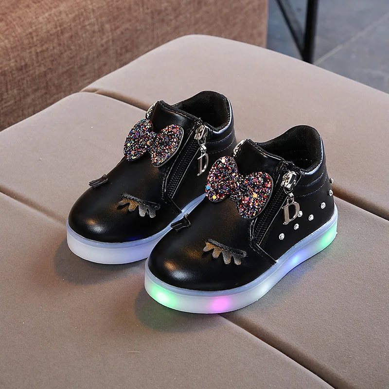 Davidyue/светящиеся ботинки для девочек; обувь с подсветкой для девочек; детские ботинки; обувь; светильник для тенниса; ботинки для девочек; резиновые зимние детские ботинки - Цвет: Черный