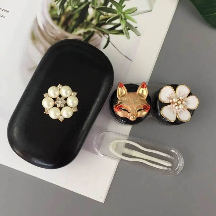 HOT Sell Cute Cartoon Fox Rabbit Contact Lens Case Luxury Pearl Contact Lenses Box For Men and Women Portable Holder Travel kit - Цвет: I   Red Fox