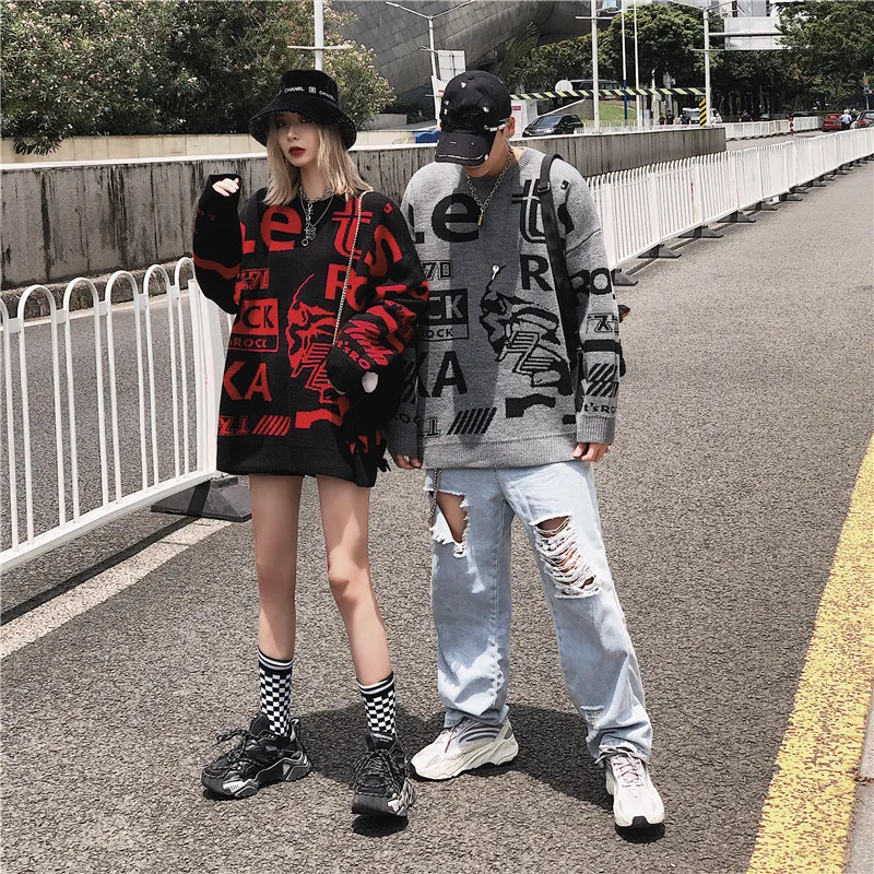 Dark Icon Letter Round Neck Hip Hop Sweater Men Autumn Winter Pullover Men’s Sweaters Loose Sweater Men