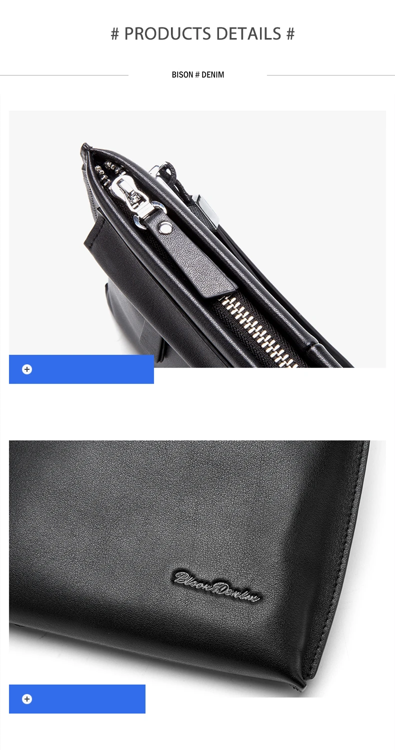 BISON DENIM Genuine Leather Leather Clutch Bags For Men With Phone Pocket Luxury Long Purse Zipper Coin Pocket Fashion N8247