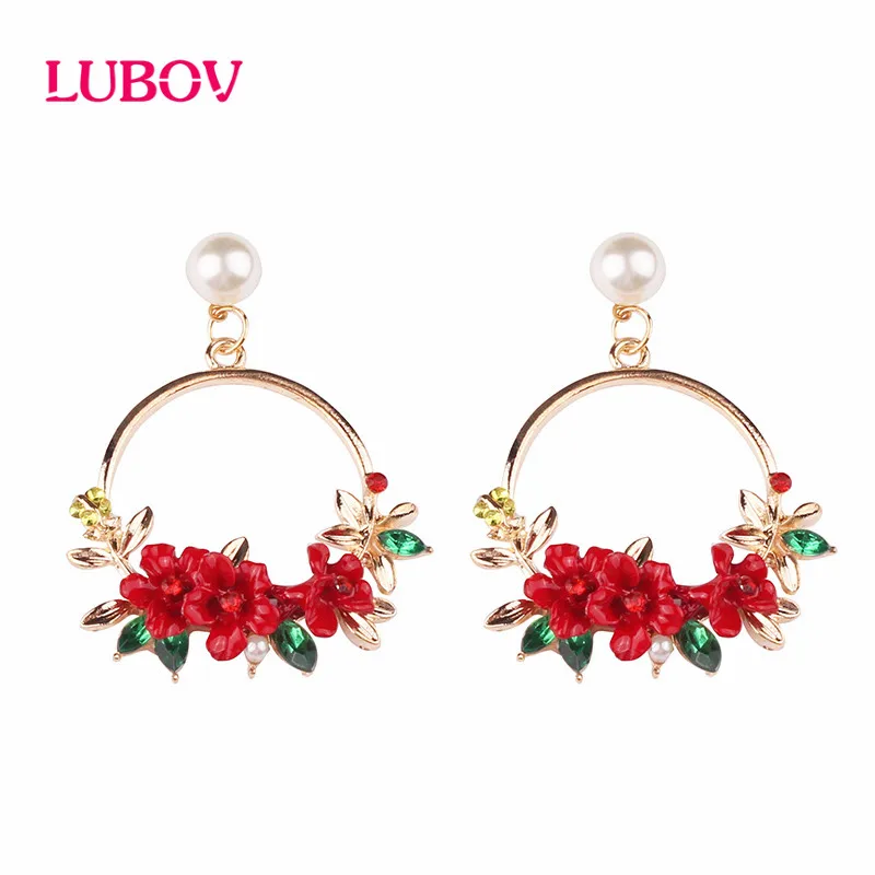 

LUBOV Elegant Pink Flower Earrings For Women Girls Jewelry Female Rhinestone Gold Metal Round Circle Drop Earrings Gifts 2019