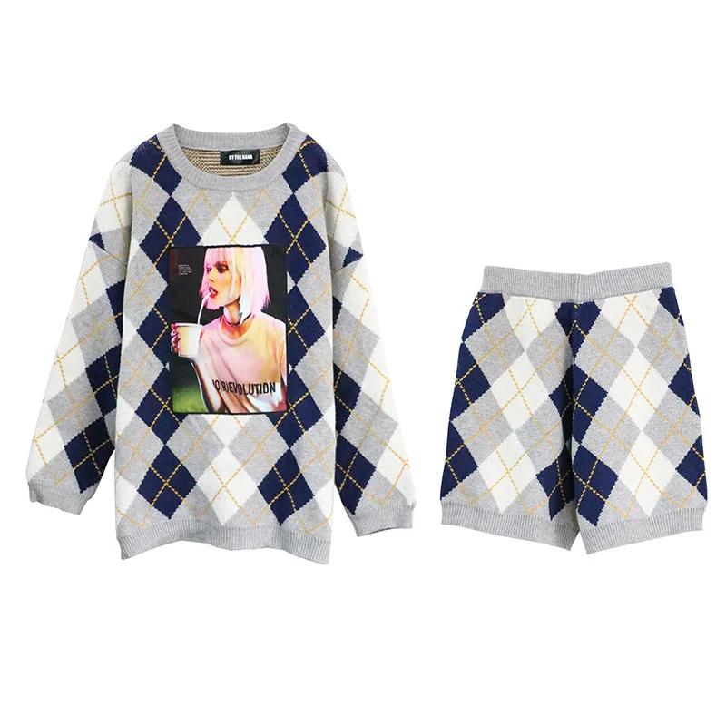 Spring New Thai Street Fashion Characters Hot Painting Rhombic Matching Long-sleeved Shirt Shorts Sweater Suit Casual Loose Spring New Thai Street Fashion Characters Hot Painting Rhombic Matching Long-sleeved Shirt Shorts Sweater Suit Casual Loose