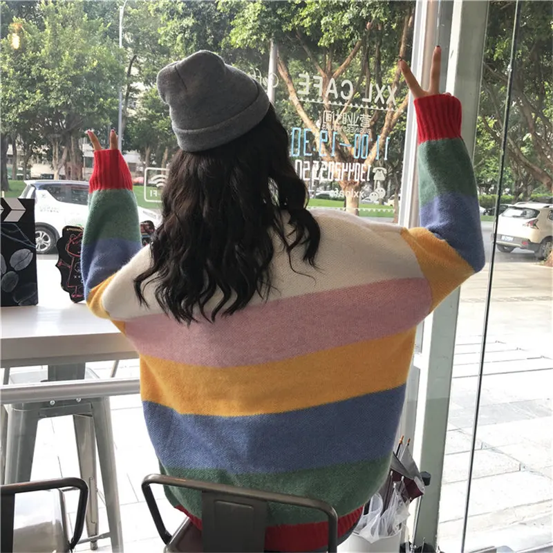 Woherb, Осенний Радужный женский свитер Harajuku, джемпер в полоску, пуловеры больших размеров, свитера в Корейском стиле, винтажная вязаная одежда 20585