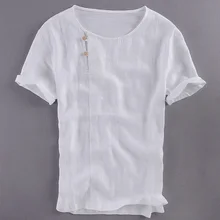 Летняя Новинка, Мужская льняная футболка с коротким рукавом, свободная футболка в китайском стиле с круглым вырезом, мужская белая футболка из чистого льна, Мужская футболка, camisetas hombre